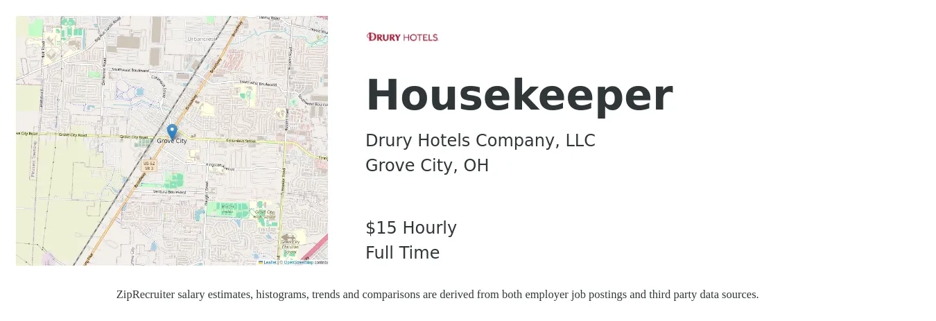 Drury Hotels Company, LLC job posting for a Housekeeper in Grove City, OH with a salary of $16 Hourly with a map of Grove City location.
