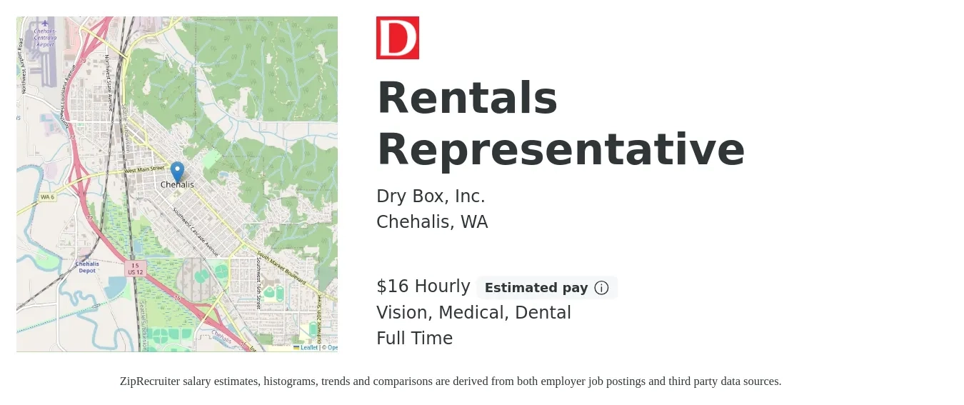Dry Box, Inc. job posting for a Rentals Representative in Chehalis, WA with a salary of $17 Hourly (plus commission) and benefits including dental, medical, pto, retirement, and vision with a map of Chehalis location.