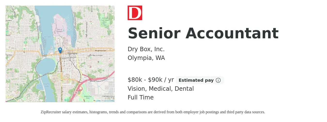 Dry Box, Inc. job posting for a Senior Accountant in Olympia, WA with a salary of $80,000 to $90,000 Yearly and benefits including vision, dental, medical, pto, and retirement with a map of Olympia location.