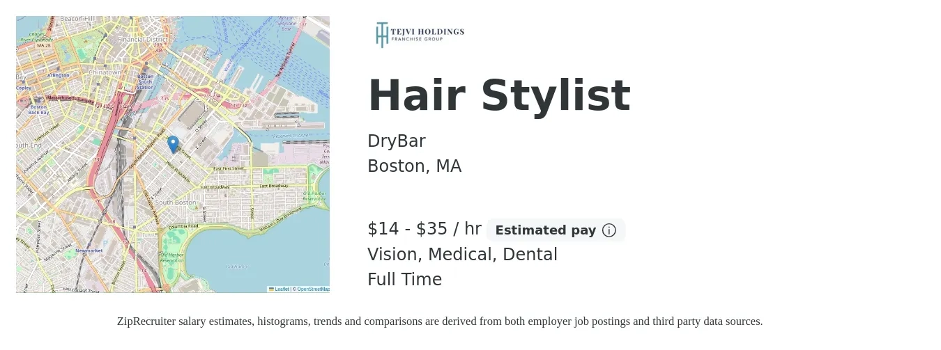 DryBar job posting for a Hair Stylist in Boston, MA with a salary of $15 to $37 Hourly (plus commission) and benefits including medical, pto, retirement, vision, dental, and life_insurance with a map of Boston location.