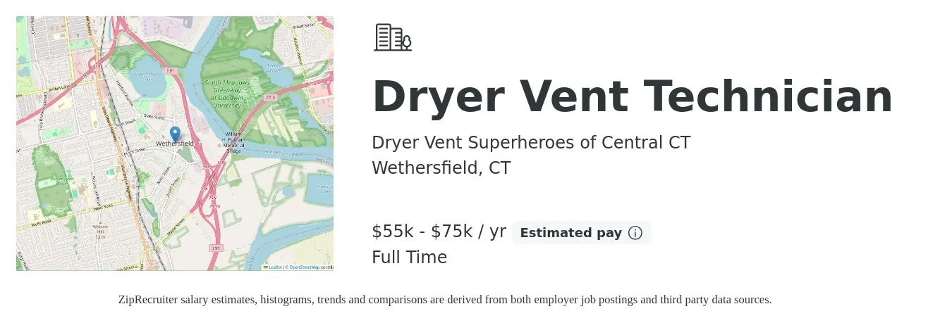 Dryer Vent Superheroes of Central CT job posting for a Dryer Vent Technician in Wethersfield, CT with a salary of $55,000 to $75,000 Yearly with a map of Wethersfield location.