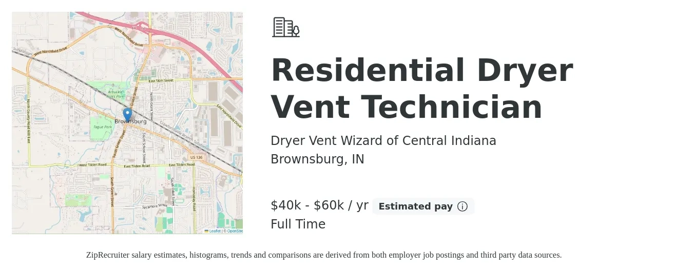 Dryer Vent Wizard of Central Indiana job posting for a Residential Dryer Vent Technician in Brownsburg, IN with a salary of $40,000 to $60,000 Yearly with a map of Brownsburg location.