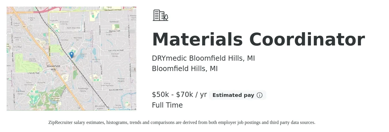 DRYmedic Bloomfield Hills, MI job posting for a Materials Coordinator in Bloomfield Hills, MI with a salary of $50,000 to $70,000 Yearly with a map of Bloomfield Hills location.
