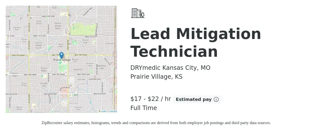 DRYmedic Kansas City, MO job posting for a Lead Mitigation Technician in Prairie Village, KS with a salary of $20 to $27 Hourly with a map of Prairie Village location.