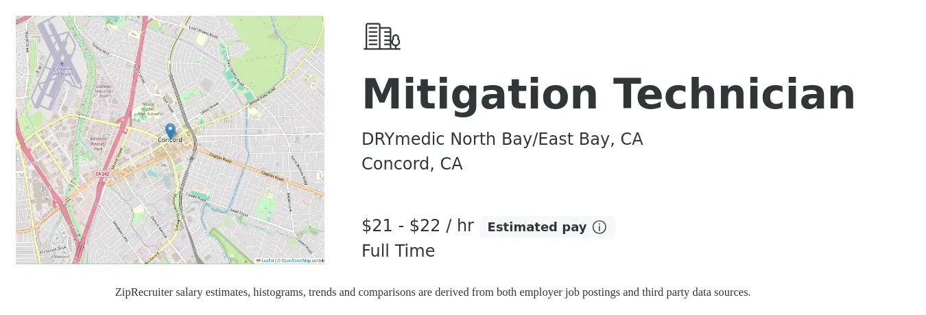 DRYmedic North Bay/East Bay, CA job posting for a Mitigation Technician in Concord, CA with a salary of $21 to $23 Hourly with a map of Concord location.