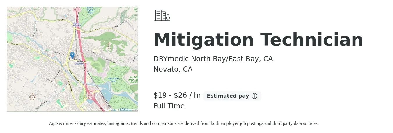 DRYmedic North Bay/East Bay, CA job posting for a Mitigation Technician in Novato, CA with a salary of $20 to $28 Hourly with a map of Novato location.