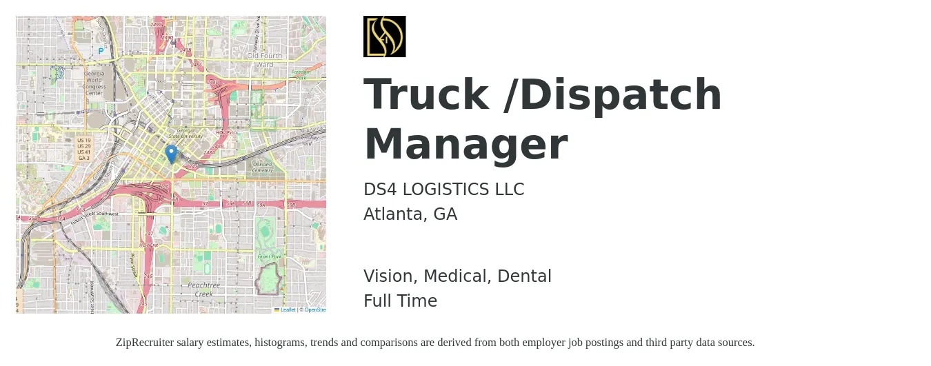 DS4 LOGISTICS LLC job posting for a Truck /Dispatch Manager in Atlanta, GA with a salary of $47,100 to $68,800 Yearly and benefits including vision, dental, life_insurance, medical, and pto with a map of Atlanta location.