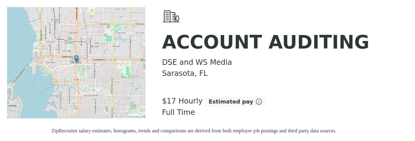 DSE and WS Media job posting for a ACCOUNT AUDITING in Sarasota, FL with a salary of $18 Hourly with a map of Sarasota location.