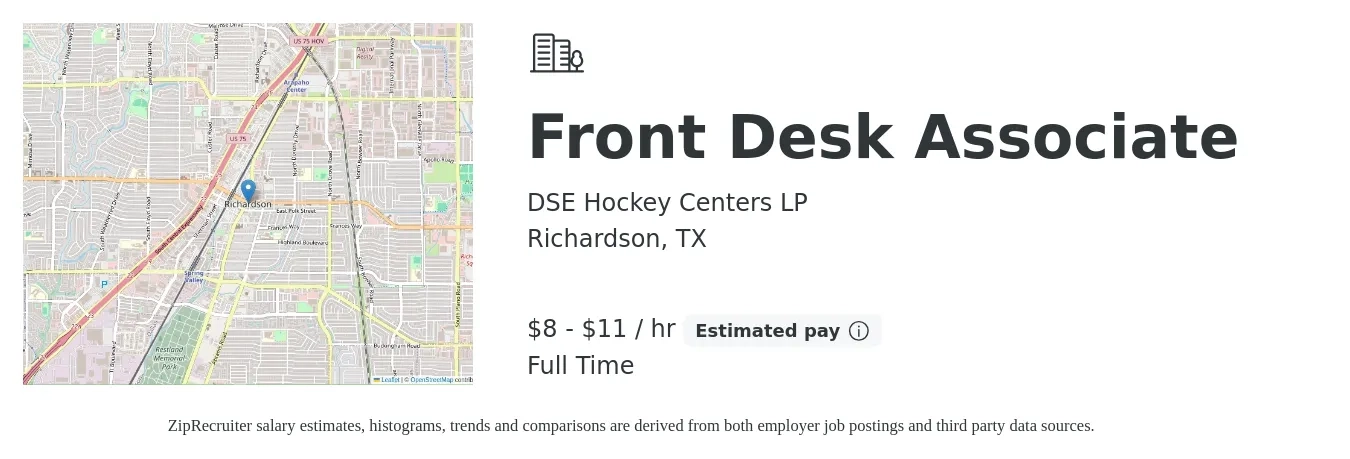 DSE Hockey Centers LP job posting for a Front Desk Associate in Richardson, TX with a salary of $9 to $12 Hourly with a map of Richardson location.
