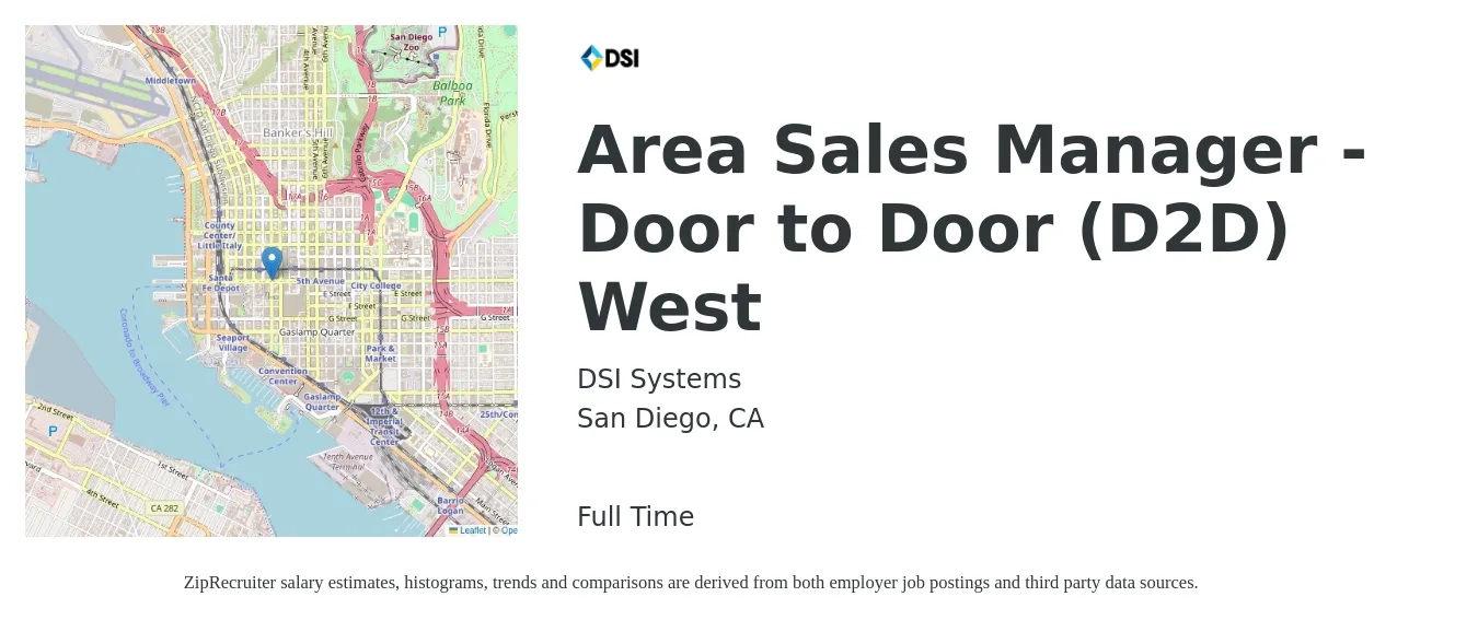 DSI Systems job posting for a Area Sales Manager - Door to Door (D2D) West in San Diego, CA with a salary of $80,700 to $130,100 Yearly with a map of San Diego location.