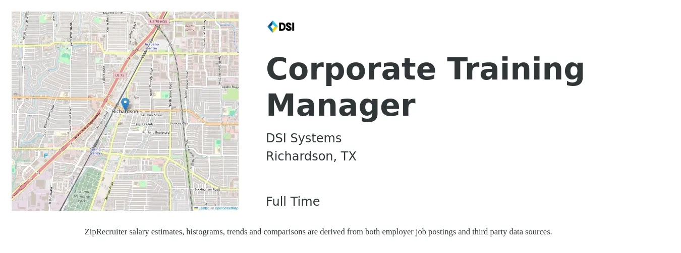 DSI Systems job posting for a Corporate Training Manager in Richardson, TX with a salary of $59,900 to $84,000 Yearly with a map of Richardson location.