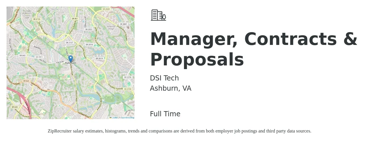 DSI Tech job posting for a Manager, Contracts & Proposals in Ashburn, VA with a salary of $91,000 to $121,700 Yearly with a map of Ashburn location.