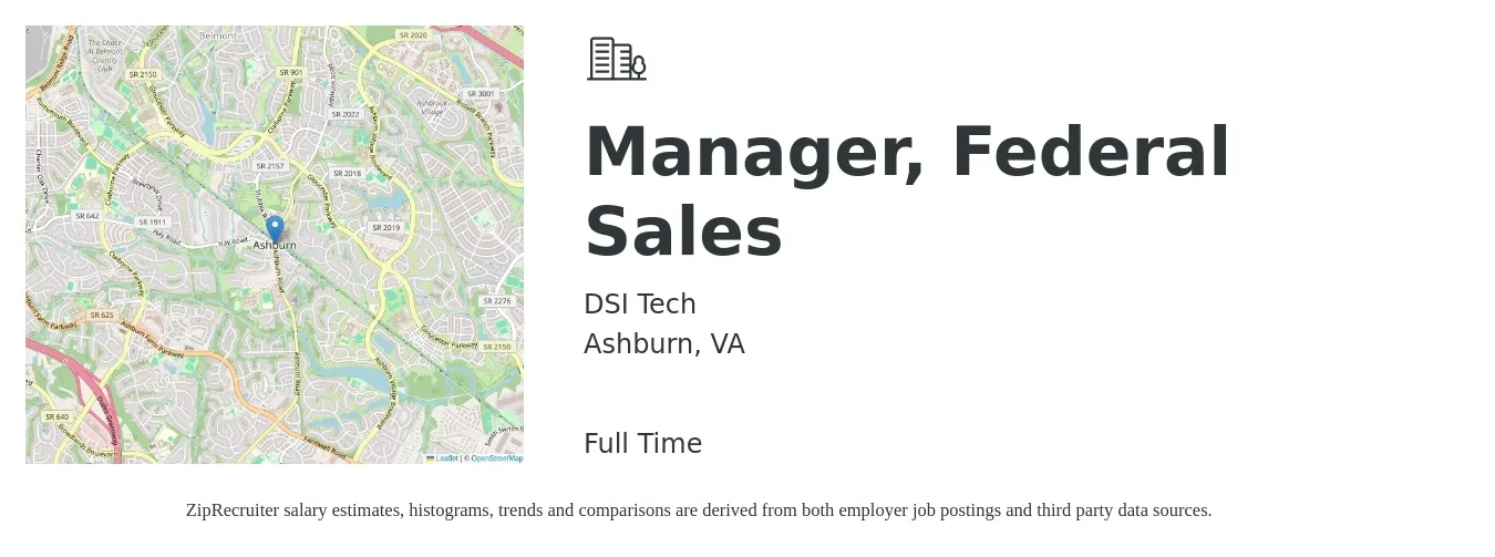 DSI Tech job posting for a Manager, Federal Sales in Ashburn, VA with a salary of $46,000 to $98,700 Yearly with a map of Ashburn location.