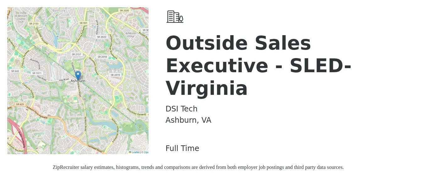 DSI Tech job posting for a Outside Sales Executive - SLED- Virginia in Ashburn, VA with a salary of $57,800 to $83,900 Yearly with a map of Ashburn location.