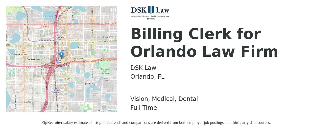 DSK Law job posting for a Billing Clerk for Orlando Law Firm in Orlando, FL with a salary of $40,100 to $53,700 Yearly and benefits including pto, retirement, vision, dental, life_insurance, and medical with a map of Orlando location.