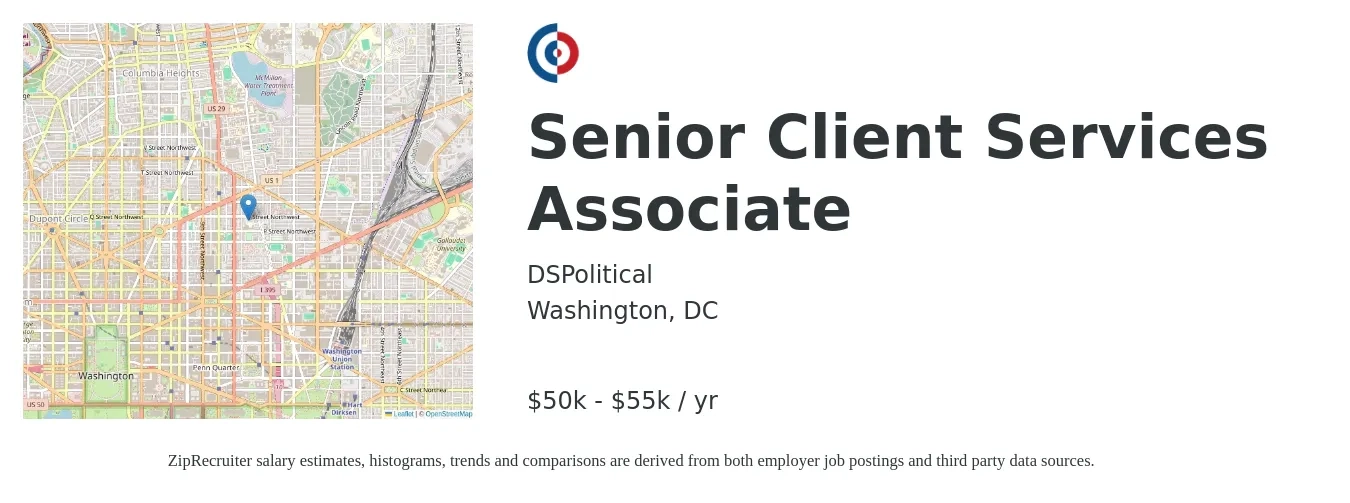 DSPolitical job posting for a Senior Client Services Associate in Washington, DC with a salary of $50,000 to $55,000 Yearly with a map of Washington location.