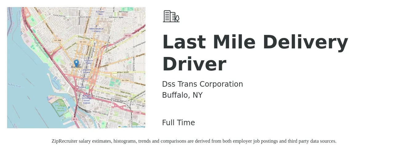 Dss Trans Corporation job posting for a Last Mile Delivery Driver in Buffalo, NY with a salary of $140 Daily with a map of Buffalo location.
