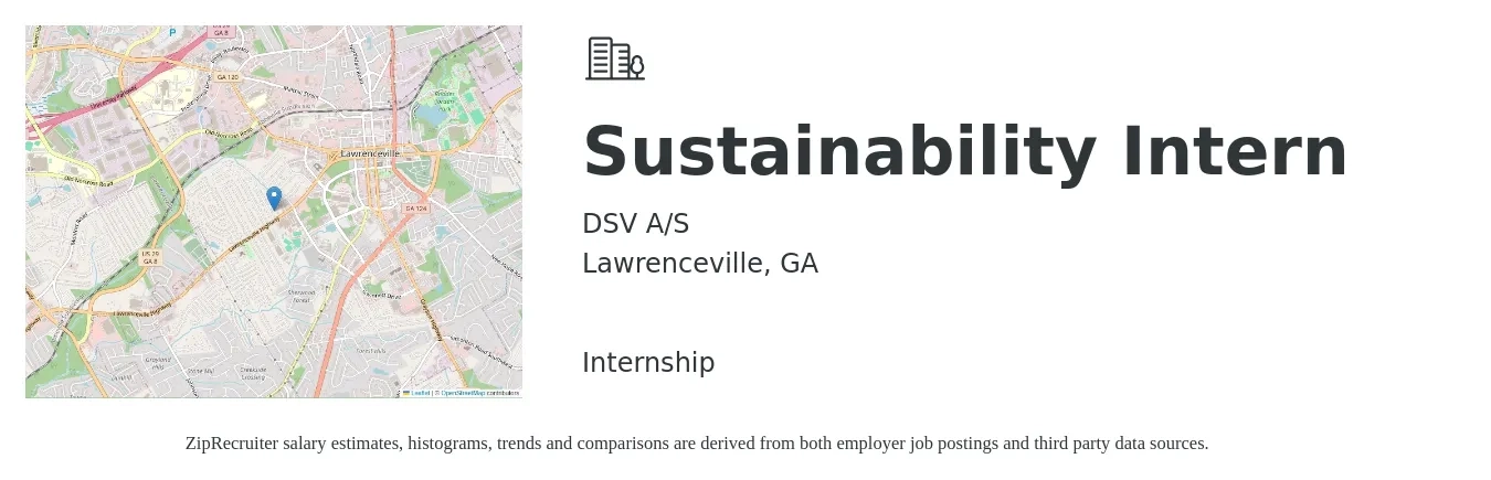 DSV A/S job posting for a Sustainability Intern in Lawrenceville, GA with a salary of $14 to $19 Hourly with a map of Lawrenceville location.