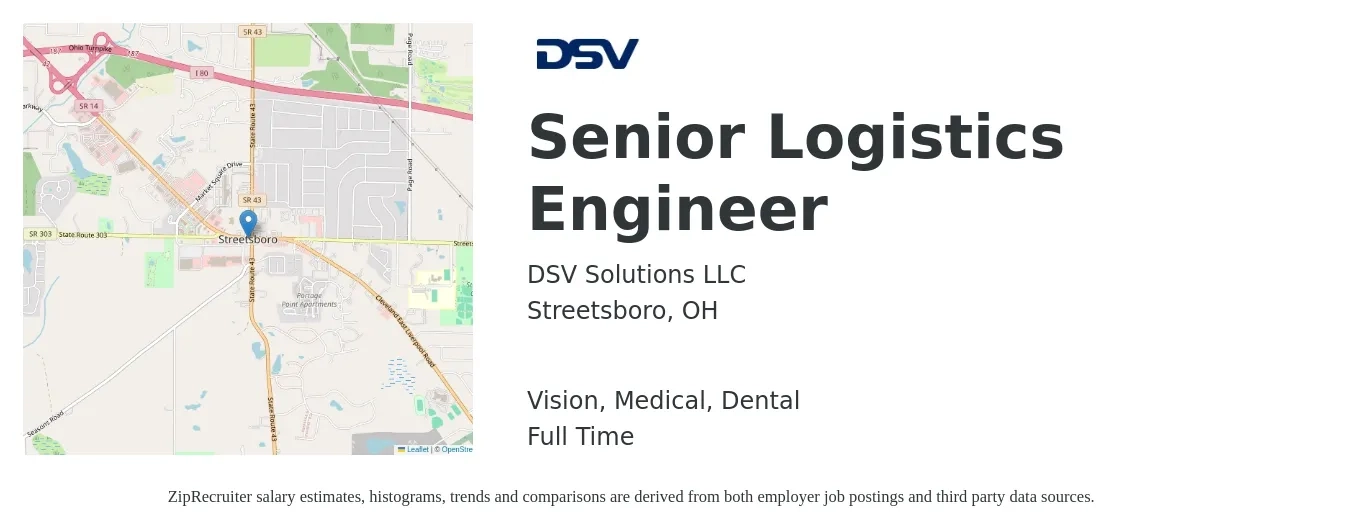 DSV Solutions LLC job posting for a Senior Logistics Engineer in Streetsboro, OH with a salary of $40 to $55 Hourly and benefits including dental, life_insurance, medical, retirement, and vision with a map of Streetsboro location.