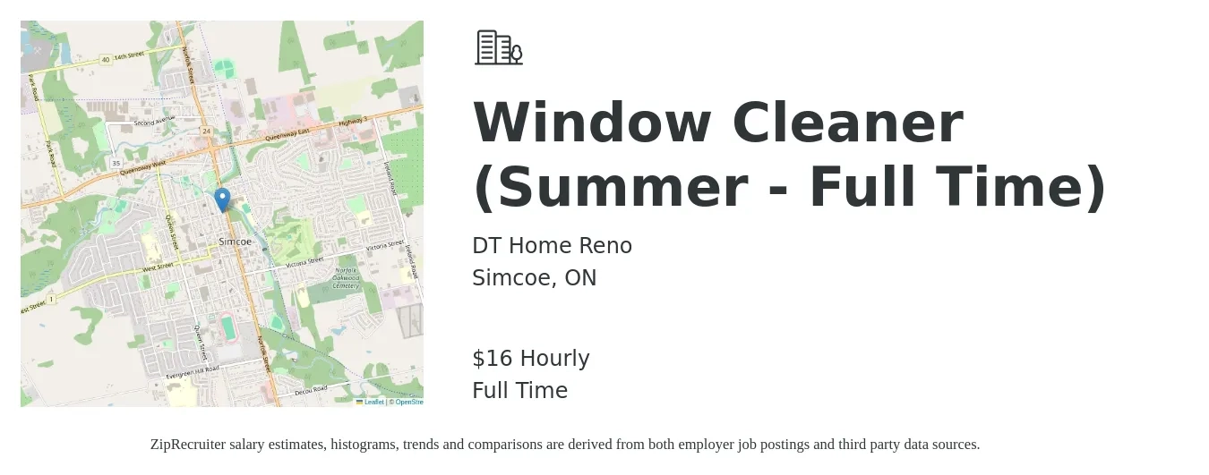 DT Home Reno job posting for a Window Cleaner (Summer - Full Time) in Simcoe, ON with a salary of $18 Hourly with a map of Simcoe location.