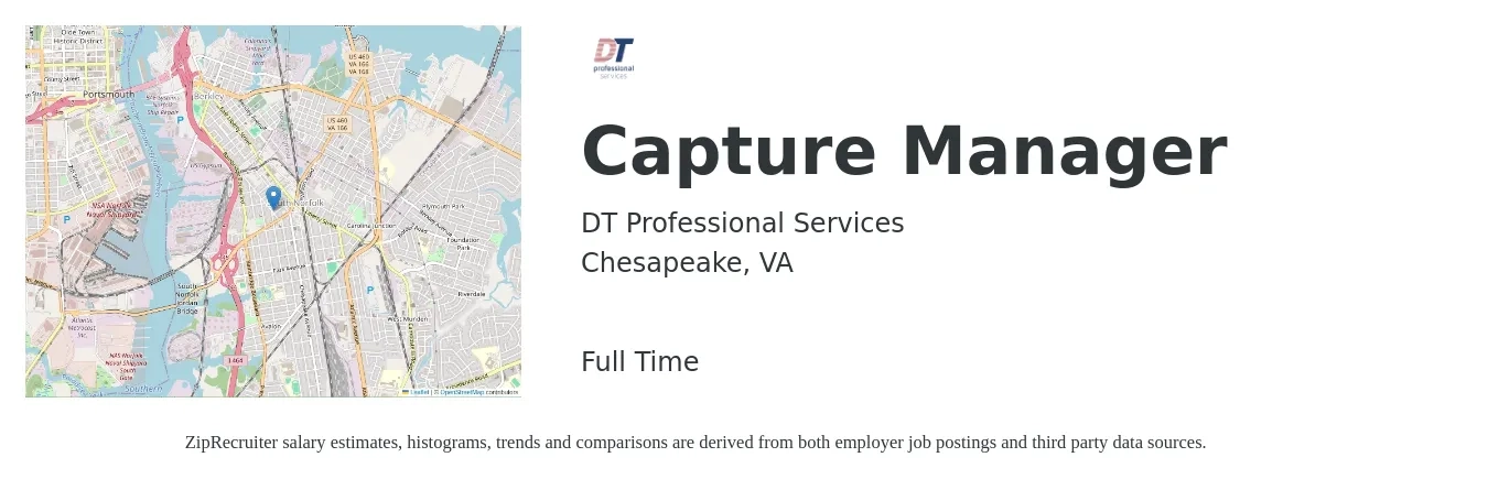 DT Professional Services job posting for a Capture Manager in Chesapeake, VA with a salary of $51,100 to $93,800 Yearly with a map of Chesapeake location.