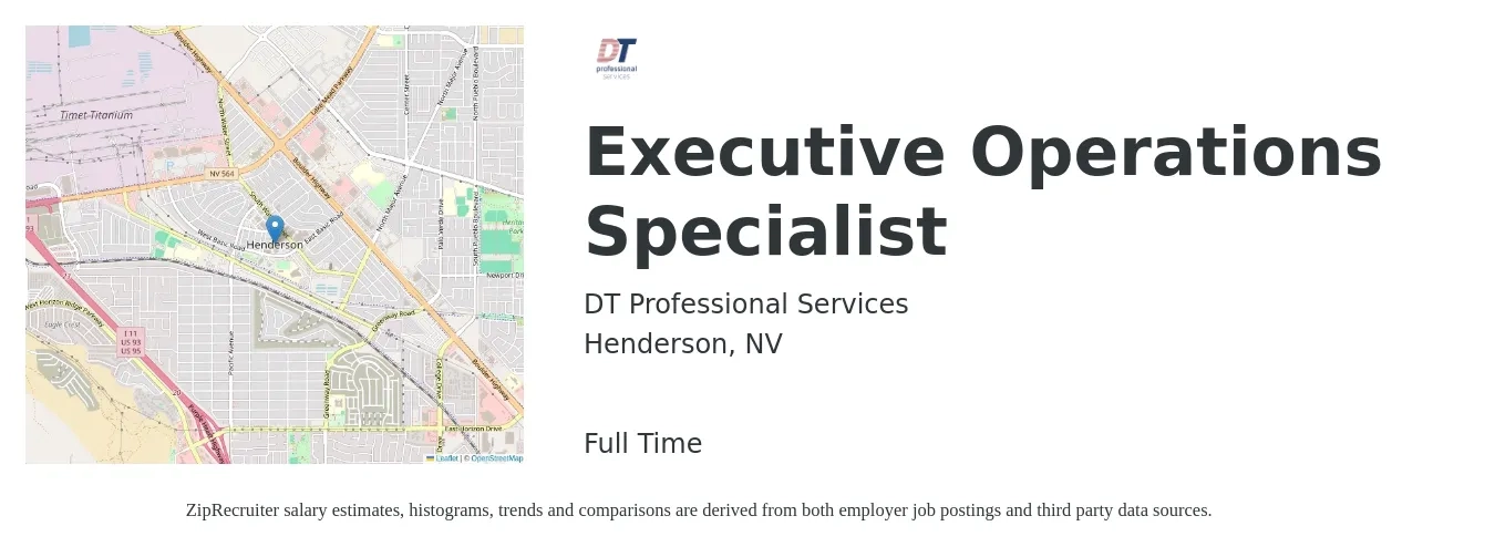 DT Professional Services job posting for a Executive Operations Specialist in Henderson, NV with a salary of $50,000 to $60,000 Yearly with a map of Henderson location.