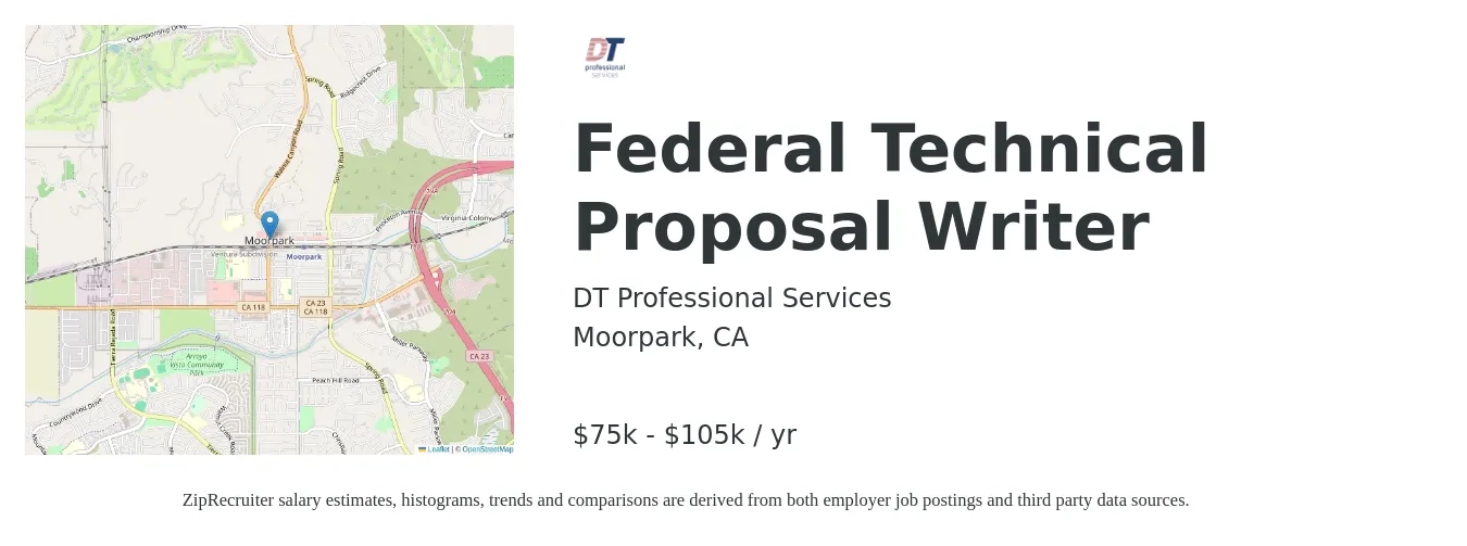 DT Professional Services job posting for a Federal Technical Proposal Writer in Moorpark, CA with a salary of $75,000 to $105,000 Yearly with a map of Moorpark location.