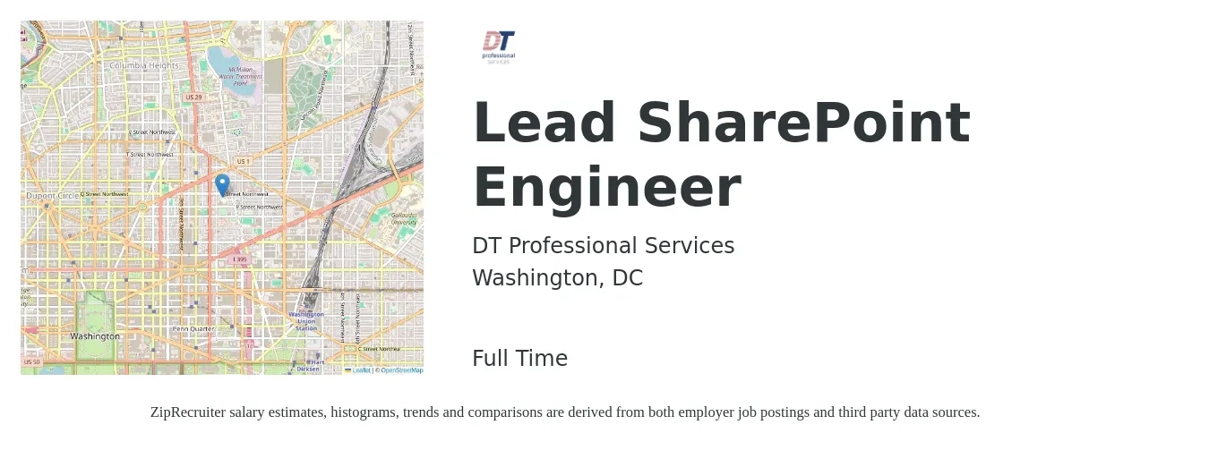 DT Professional Services job posting for a Lead SharePoint Engineer in Washington, DC with a salary of $61 to $80 Hourly with a map of Washington location.