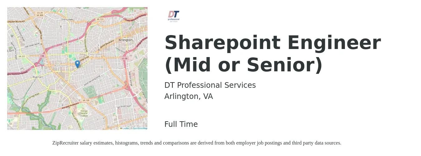DT Professional Services job posting for a Sharepoint Engineer (Mid or Senior) in Arlington, VA with a salary of $100,000 to $150,000 Yearly with a map of Arlington location.