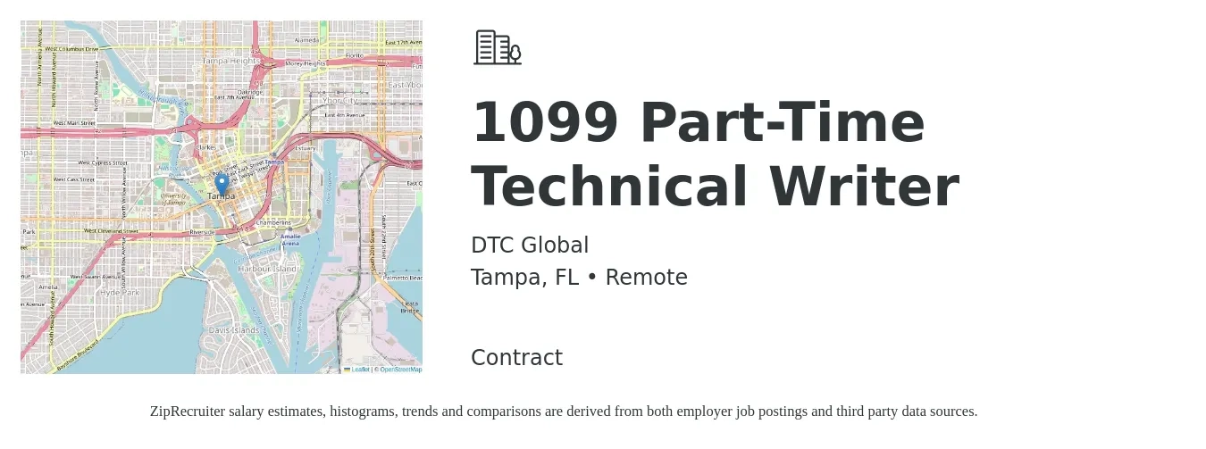 DTC Global job posting for a 1099 Part-Time Technical Writer in Tampa, FL with a salary of $28 to $46 Hourly with a map of Tampa location.