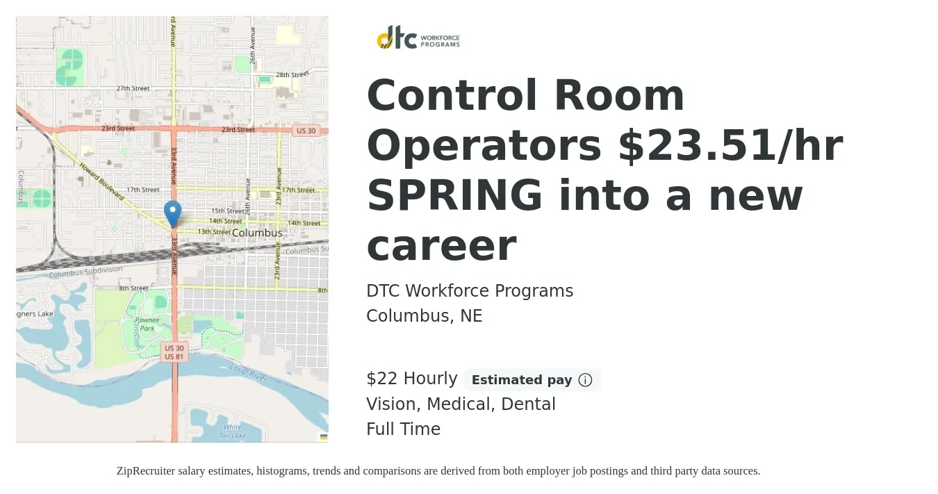 DTC Workforce Programs job posting for a Control Room Operators $23.51/hr SPRING into a new career in Columbus, NE with a salary of $24 Hourly and benefits including medical, vision, dental, and life_insurance with a map of Columbus location.