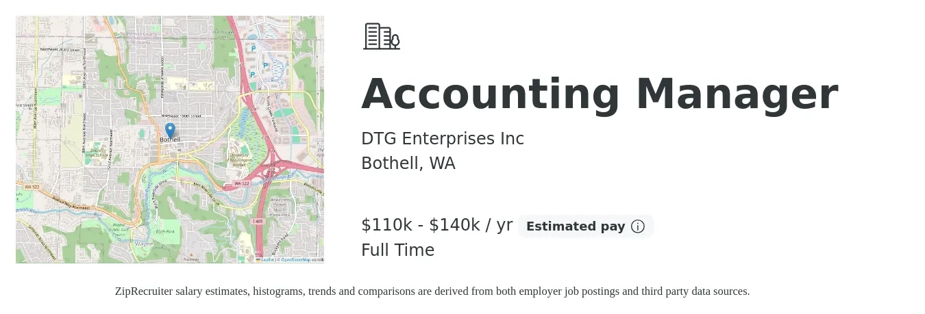 DTG Enterprises Inc job posting for a Accounting Manager in Bothell, WA with a salary of $110,000 to $140,000 Yearly with a map of Bothell location.