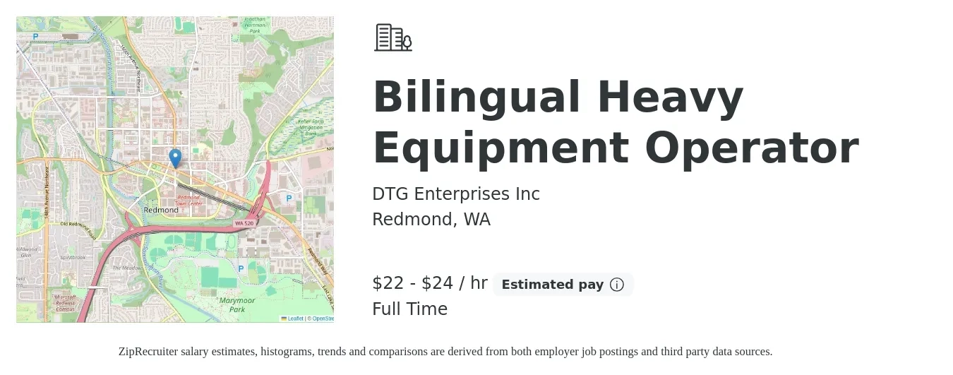 DTG Enterprises Inc job posting for a Bilingual Heavy Equipment Operator in Redmond, WA with a salary of $23 to $25 Hourly with a map of Redmond location.