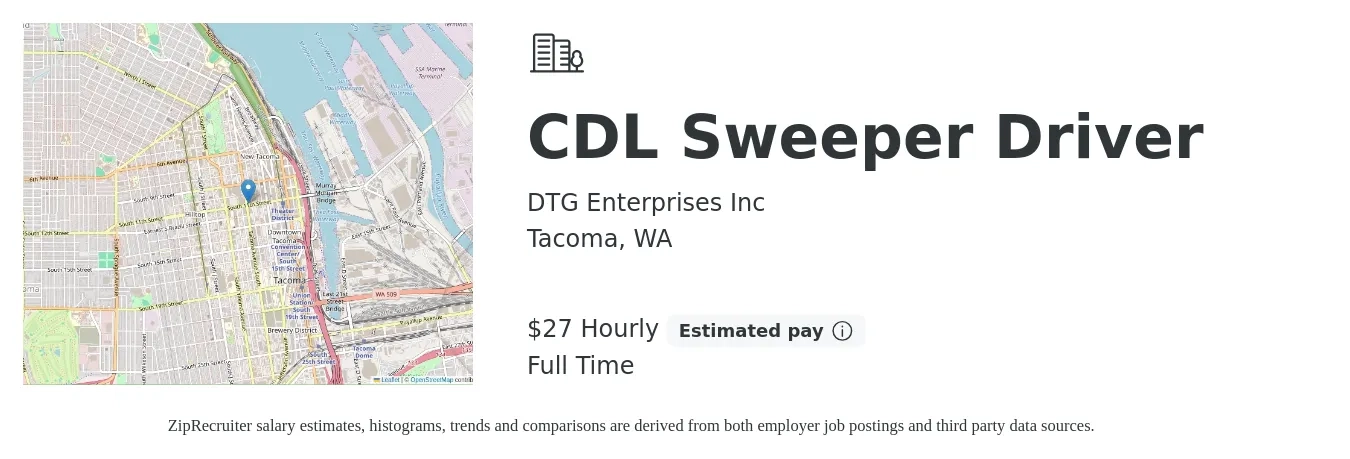 DTG Enterprises Inc job posting for a CDL Sweeper Driver in Tacoma, WA with a salary of $29 Hourly with a map of Tacoma location.