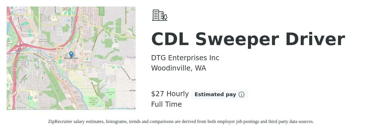 DTG Enterprises Inc job posting for a CDL Sweeper Driver in Woodinville, WA with a salary of $29 Hourly with a map of Woodinville location.