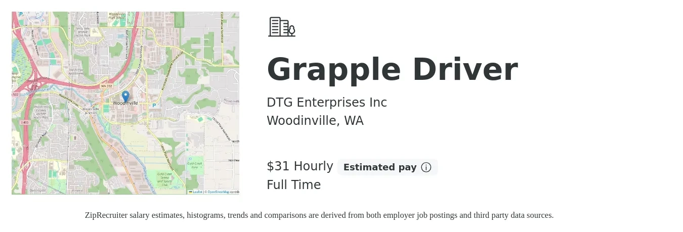DTG Enterprises Inc job posting for a Grapple Driver in Woodinville, WA with a salary of $33 Hourly with a map of Woodinville location.