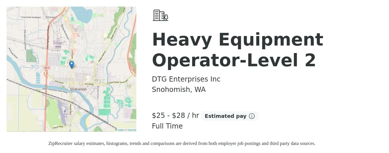 DTG Enterprises Inc job posting for a Heavy Equipment Operator-Level 2 in Snohomish, WA with a salary of $26 to $30 Hourly with a map of Snohomish location.