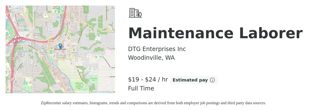DTG Enterprises Inc job posting for a Maintenance Laborer in Woodinville, WA with a salary of $20 to $25 Hourly with a map of Woodinville location.