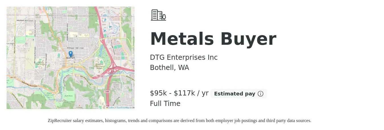 DTG Enterprises Inc job posting for a Metals Buyer in Bothell, WA with a salary of $95,000 to $117,000 Yearly with a map of Bothell location.