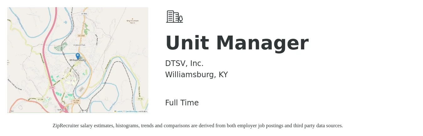 DTSV, Inc. job posting for a Unit Manager in Williamsburg, KY with a salary of $59,900 to $60,400 Yearly with a map of Williamsburg location.