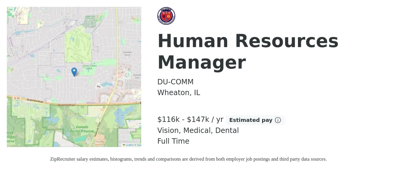 DU-COMM job posting for a Human Resources Manager in Wheaton, IL with a salary of $116,000 to $147,389 Yearly and benefits including vision, dental, life_insurance, medical, and pto with a map of Wheaton location.