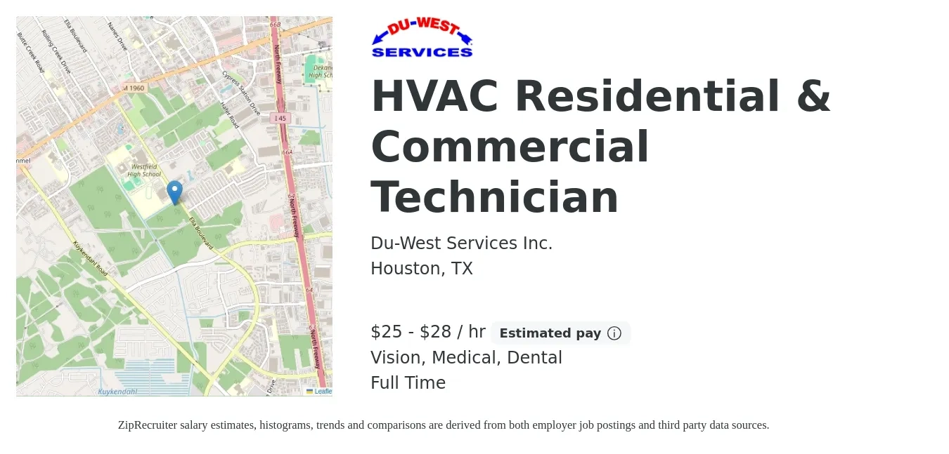 Du-West Services Inc. job posting for a HVAC Residential & Commercial Technician in Houston, TX with a salary of $27 to $30 Hourly and benefits including dental, life_insurance, medical, pto, and vision with a map of Houston location.