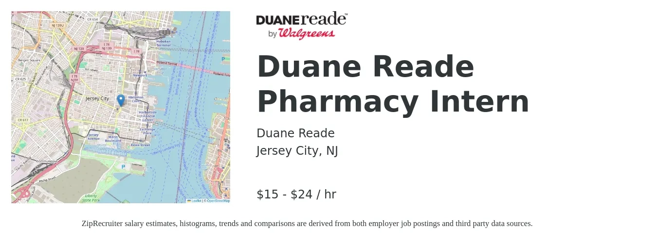 Duane Reade job posting for a Duane Reade Pharmacy Intern in Jersey City, NJ with a salary of $16 to $25 Hourly with a map of Jersey City location.