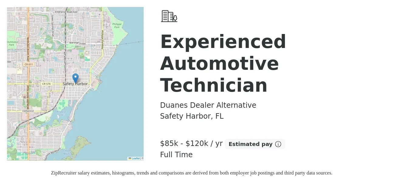 Duanes Dealer Alternative job posting for a Experienced Automotive Technician in Safety Harbor, FL with a salary of $85,000 to $120,000 Yearly with a map of Safety Harbor location.