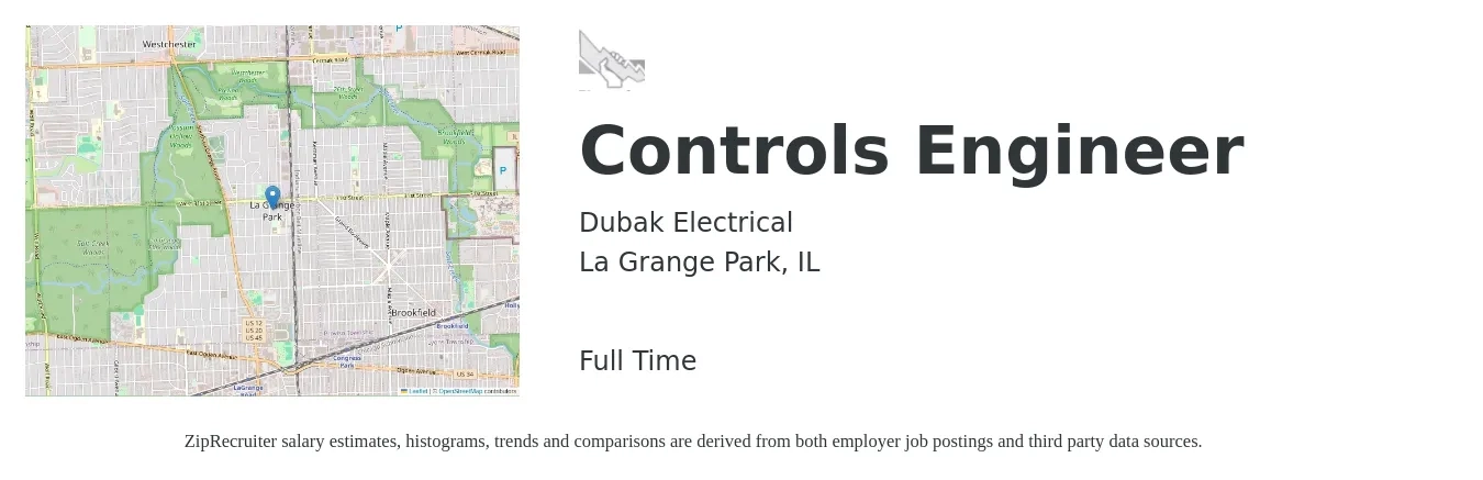 Dubak Electrical job posting for a Controls Engineer in La Grange Park, IL with a salary of $70,000 to $90,000 Yearly with a map of La Grange Park location.
