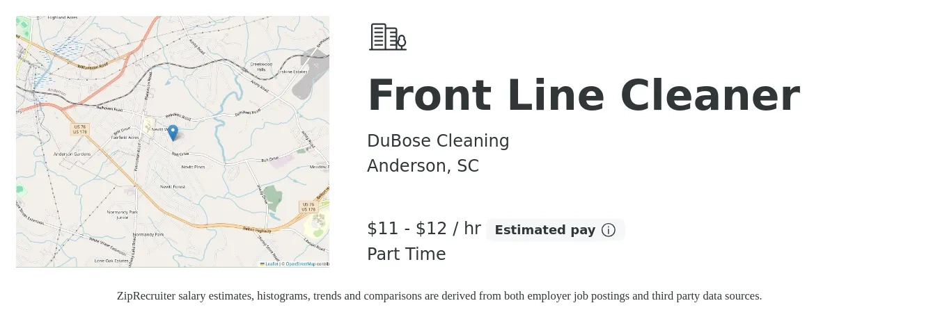 DuBose Cleaning job posting for a Front Line Cleaner in Anderson, SC with a salary of $12 to $13 Hourly with a map of Anderson location.