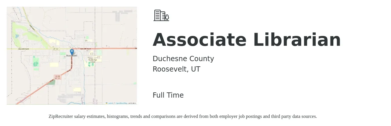 Duchesne County job posting for a Associate Librarian in Roosevelt, UT with a salary of $12 Hourly with a map of Roosevelt location.