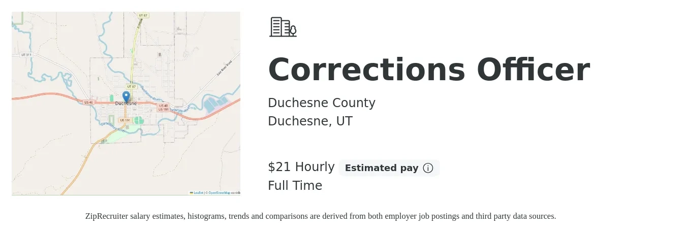 Duchesne County job posting for a Corrections Officer in Duchesne, UT with a salary of $23 Hourly with a map of Duchesne location.