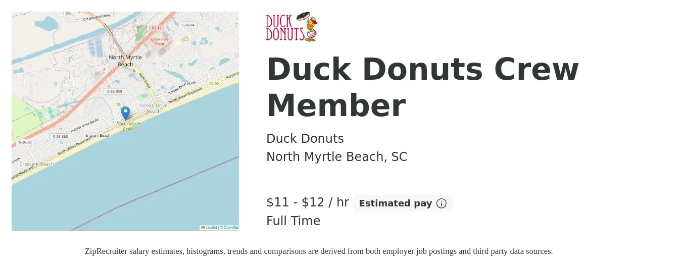 Duck Donuts job posting for a Duck Donuts Crew Member in North Myrtle Beach, SC with a salary of $12 to $13 Hourly with a map of North Myrtle Beach location.