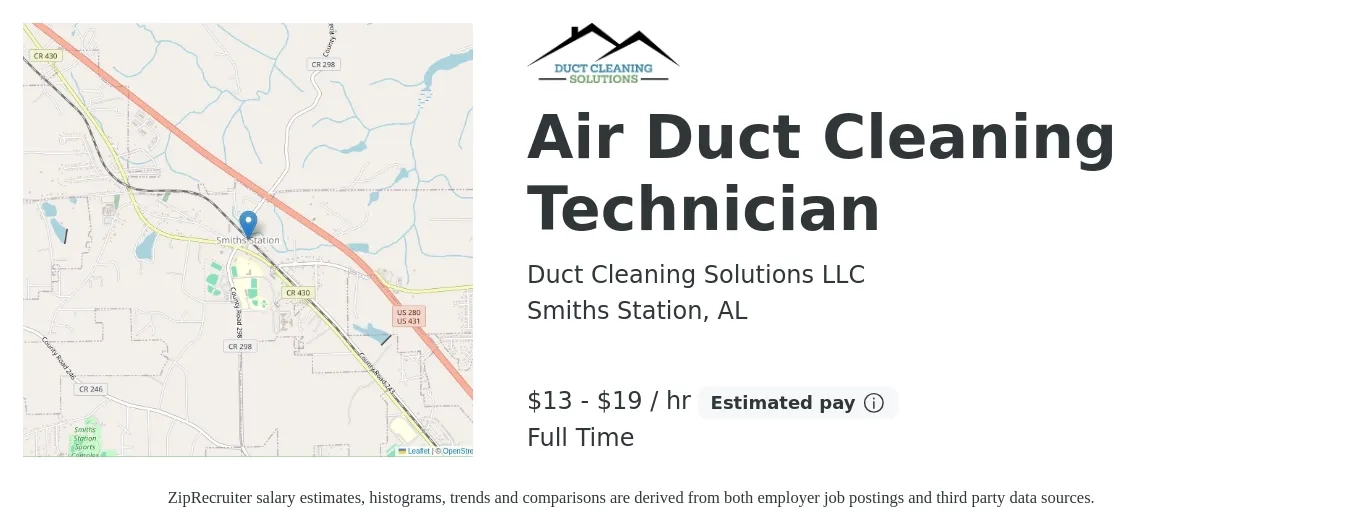 Duct Cleaning Solutions LLC job posting for a Air Duct Cleaning Technician in Smiths Station, AL with a salary of $14 to $20 Hourly (plus commission) with a map of Smiths Station location.